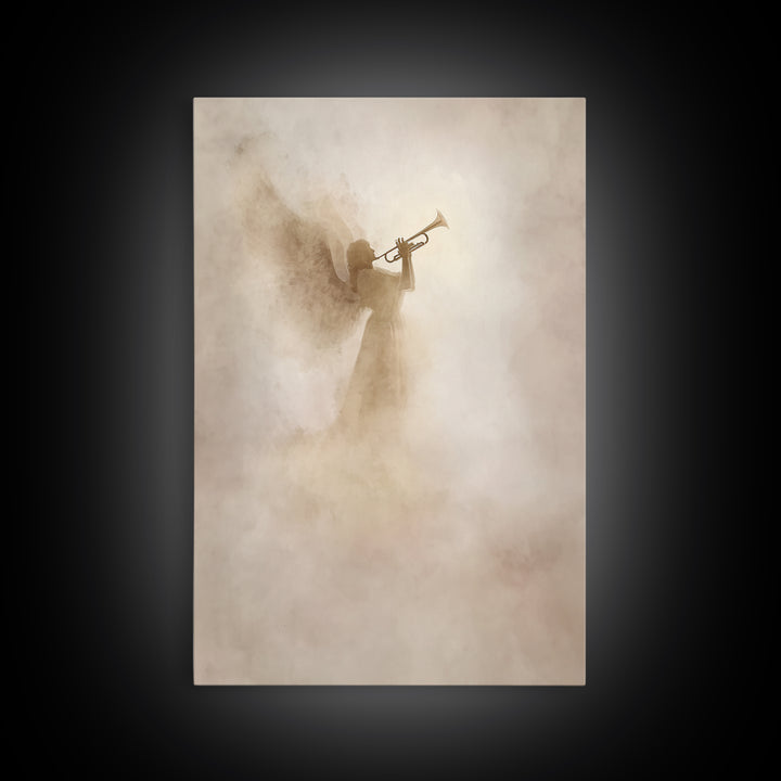 Trumpet In The Clouds – Framed Canvas Print – Christian Wall Art – Christian Art Canvas – Angel Art – Subtle Christian Art – Christian Deco