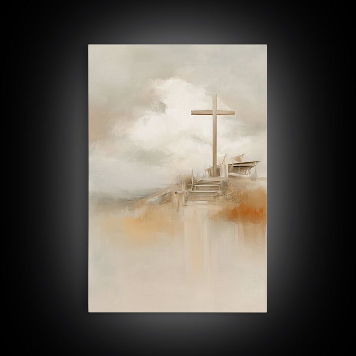 Cross On The Hill – Framed Canvas Print – Christian Wall Art – Christian Art Painting – Minimalist Christian Art – Christian Art Canvas – C