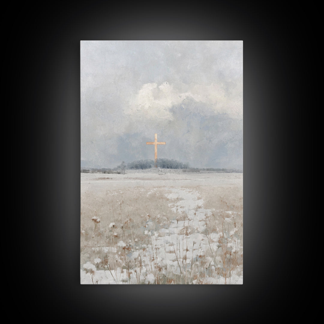 Winter Cross Peace – Framed Canvas Print – Christian Wall Art – Christian Art Work – Blue Christian Art – Christian Christmas Art – Christi