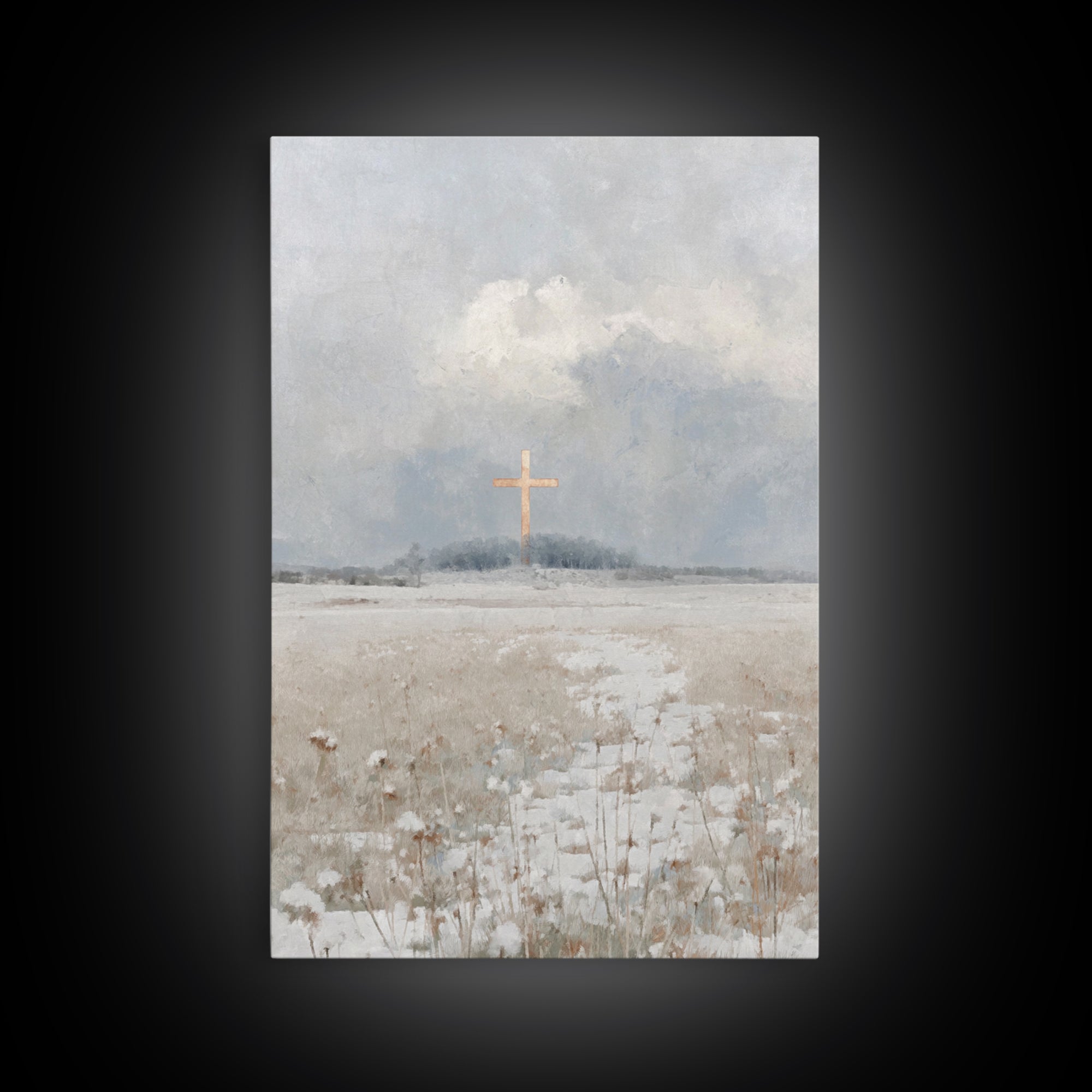 Winter Cross Peace – Framed Canvas Print – Christian Wall Art – Christian Art Work – Blue Christian Art – Christian Christmas Art – Christi