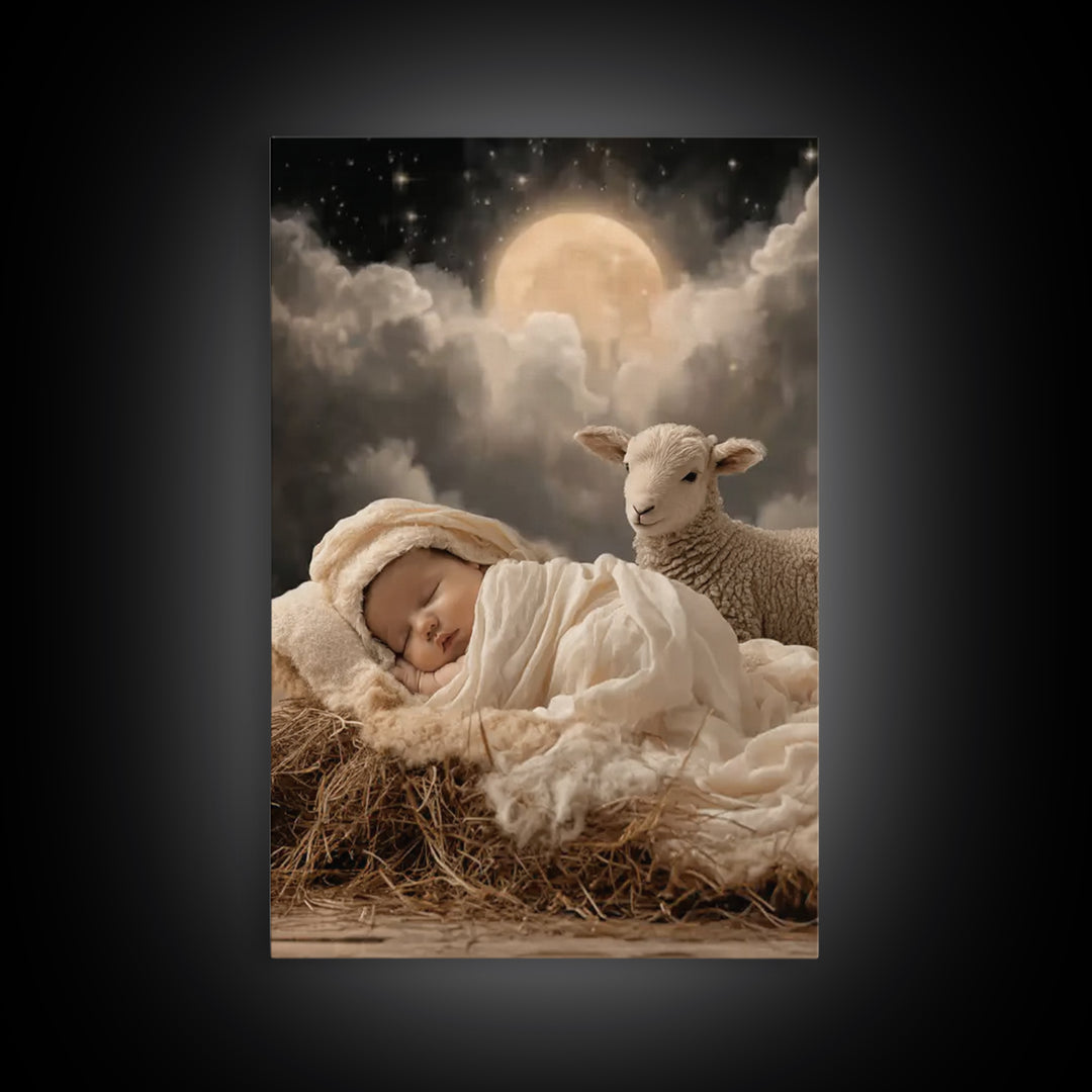 Holy Lamb Watch – Framed Canvas Print – Christian Christmas Art – Christian Art Print – Jesus Christmas Art – Christmas Wall Art – Modern C