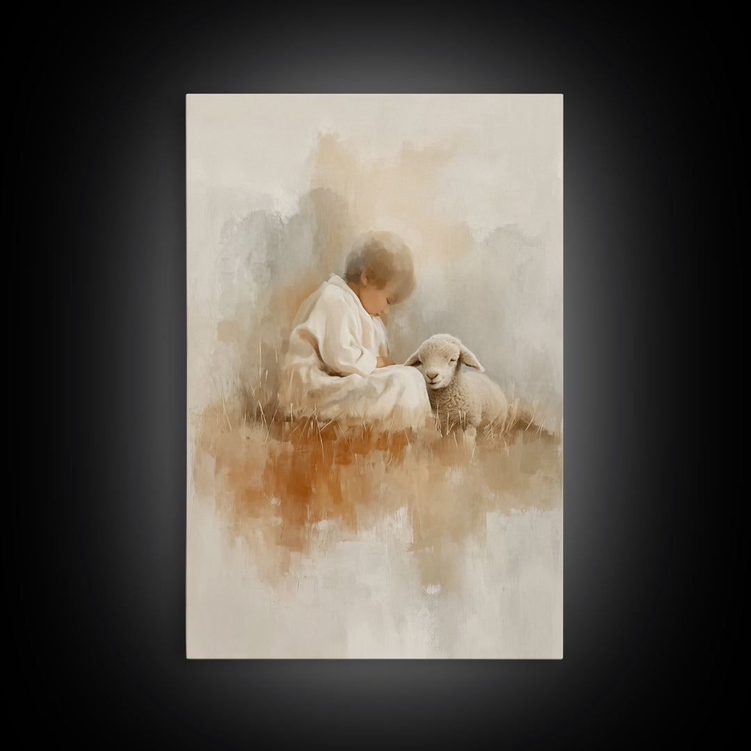 Gentle Shepherd Joy – Framed Canvas Print – Christian Art Print – Modern Christian Art – Christian Christmas Art – Jesus Painting – Christm