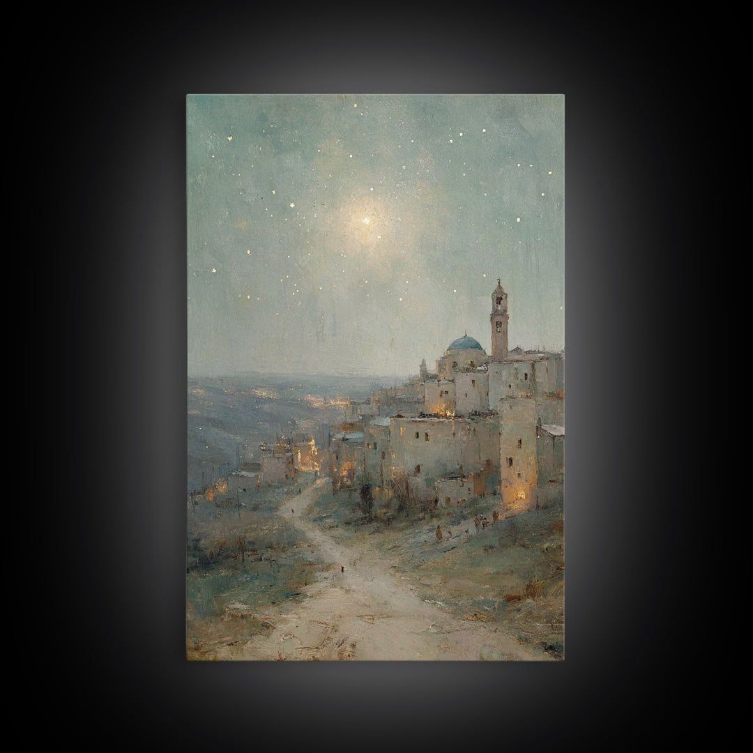 Bethlehem Nightfall, Framed Canvas Print, Christian Wall Art, Christmas Art Prints, Christian Art Canvas, Christian Christmas Art, Vintage