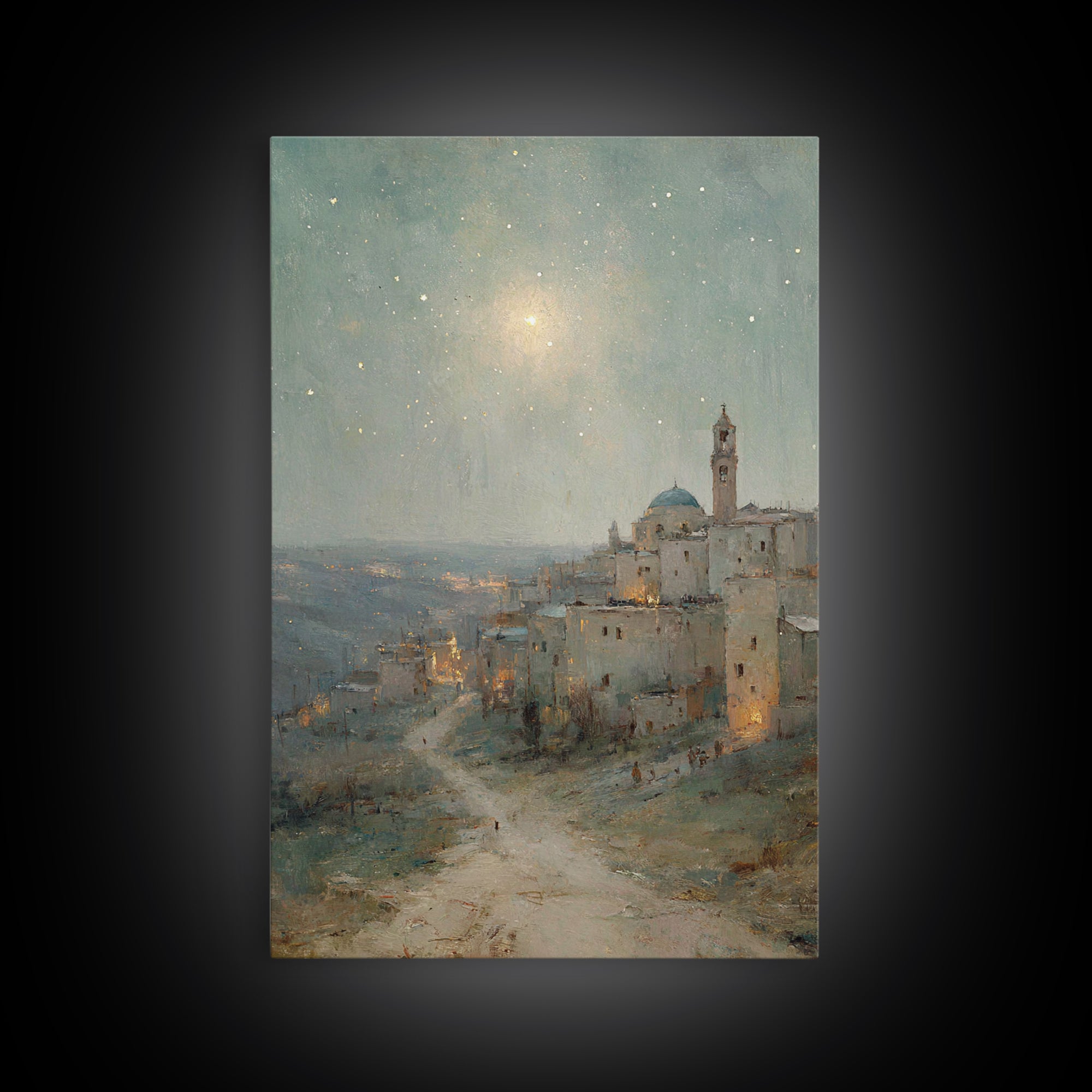 Bethlehem Nightfall, Framed Canvas Print, Christian Wall Art, Christmas Art Prints, Christian Art Canvas, Christian Christmas Art, Vintage