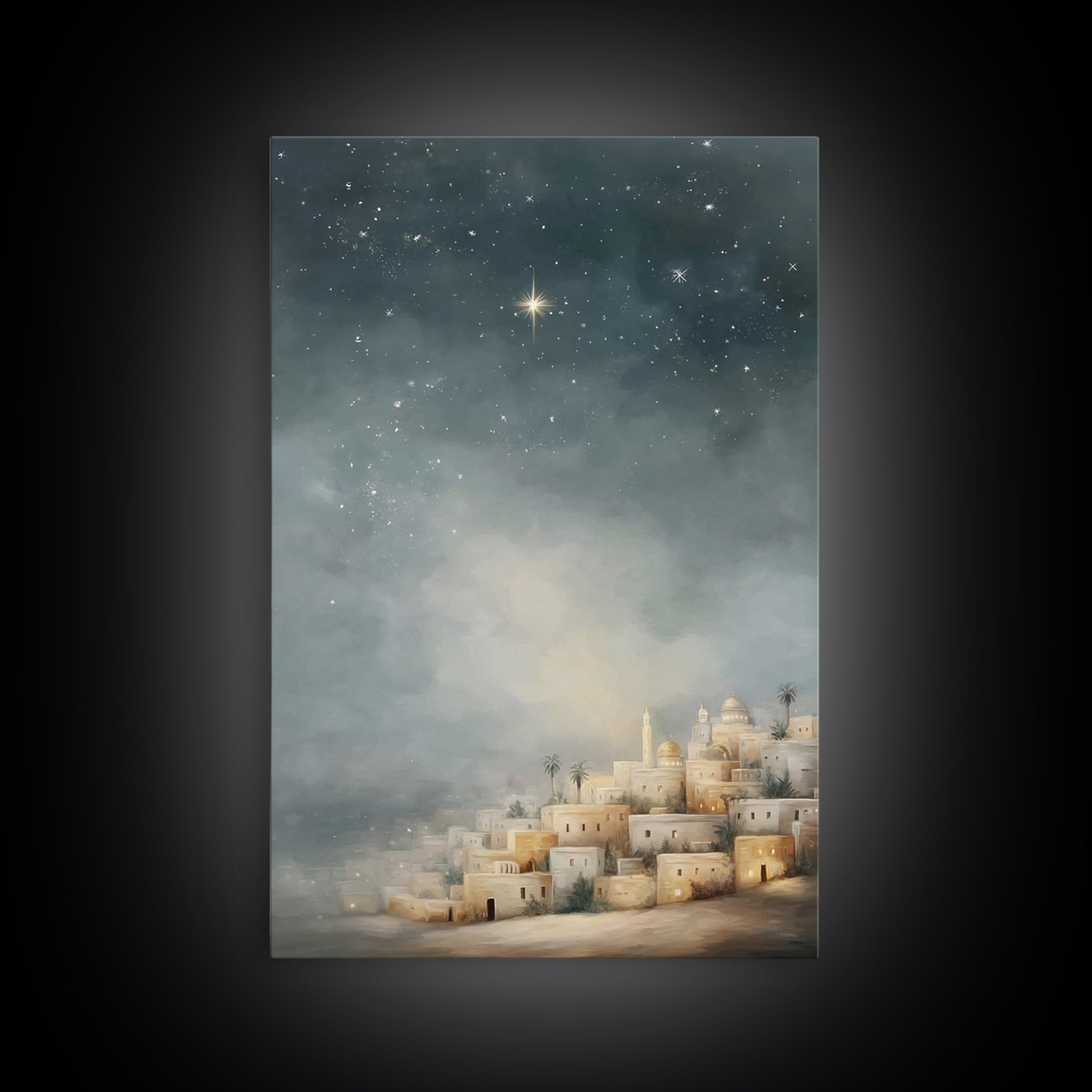 Midnight Bethlehem Glow – Framed Canvas Print – Christian Wall Art – Christmas Art Prints – Christian Christmas Art – Modern Christian Art