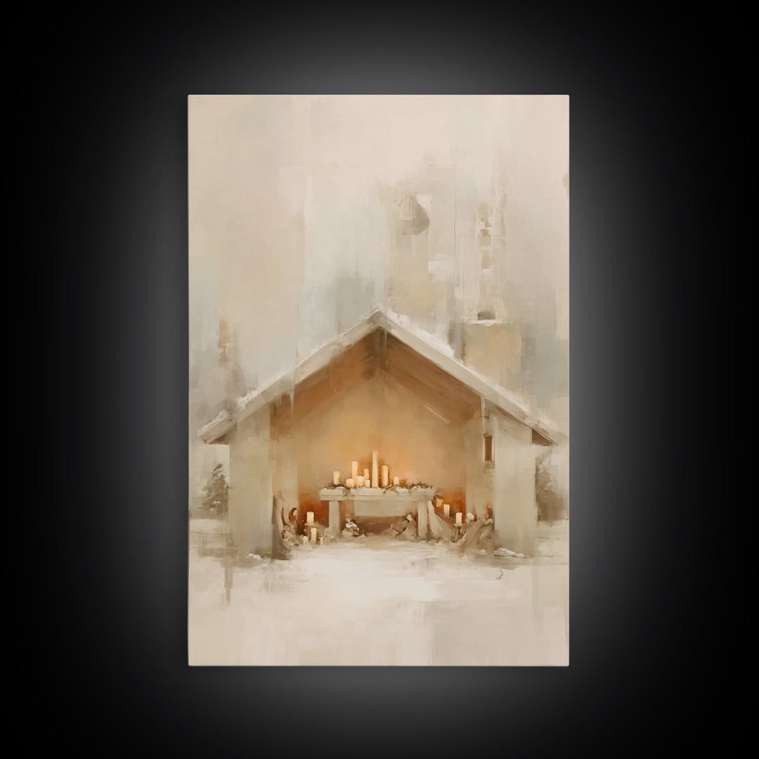 Humble Nativity Glow, Framed Canvas Print, Christmas Wall Art, Christian Art Canvas, Minimalist Christian Art, Christian Christmas Art, Sub