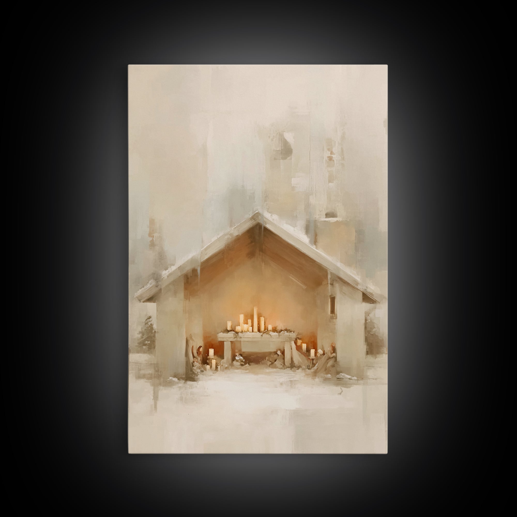 Humble Nativity Glow, Framed Canvas Print, Christmas Wall Art, Christian Art Canvas, Minimalist Christian Art, Christian Christmas Art, Sub