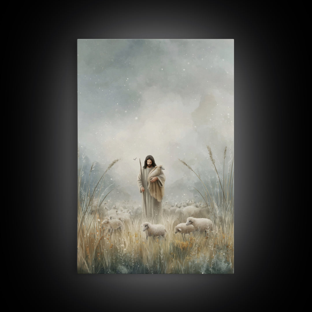 Gentle Shepherd Light – Framed Canvas Print – Jesus Painting – Christian Art Print – Christian Decor – Christian Wall Art – Minimalist Chri