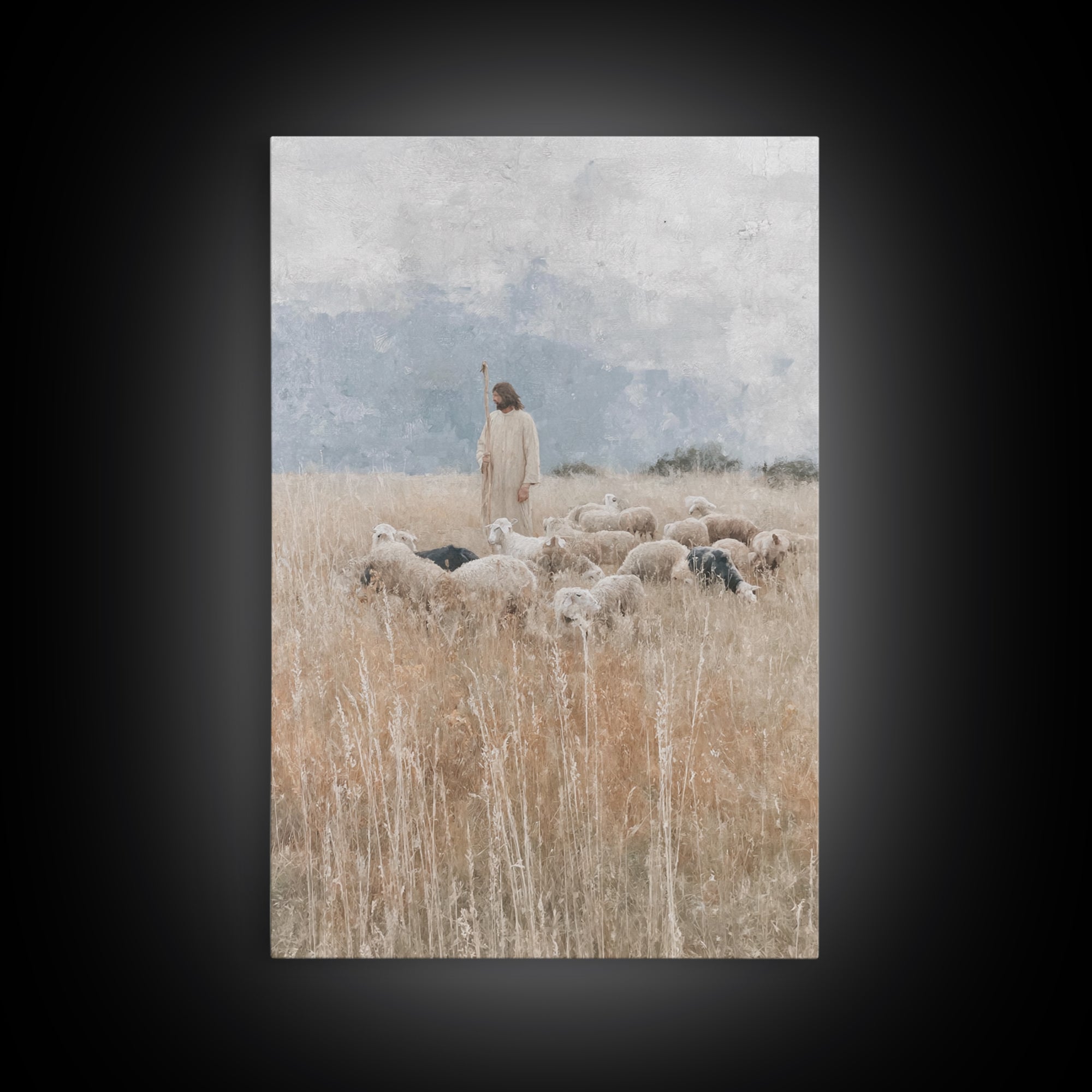 Quiet Meadow Shepherd – Framed Canvas Print – Christian Art Canvas – Jesus Painting – Christian Decor For Home – Large Christian Painting –