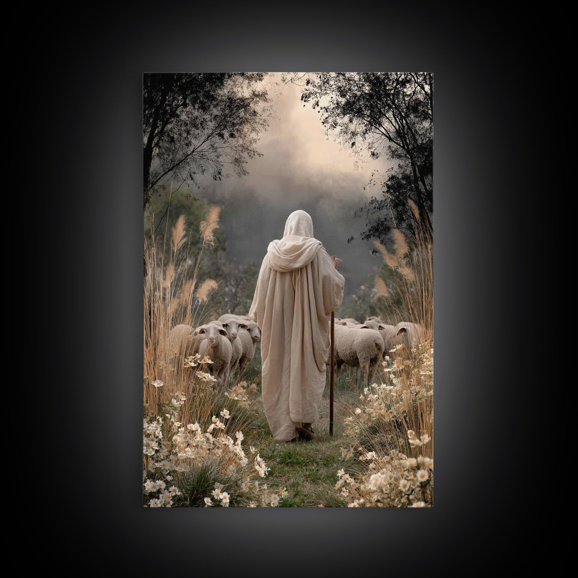 Evening Shepherd Glow – Framed Canvas Print – Christian Art Canvas – Christian Wall Art – Large Jesus Painting – Christian Decor – Modern C