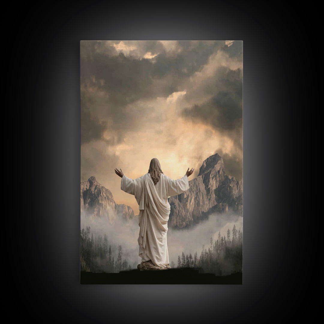 Mountain Prayer Light | Framed Canvas Print | Christian Art Canvas | Jesus Wall Art | Moody Christian Art | Large Christian Painting | Chri