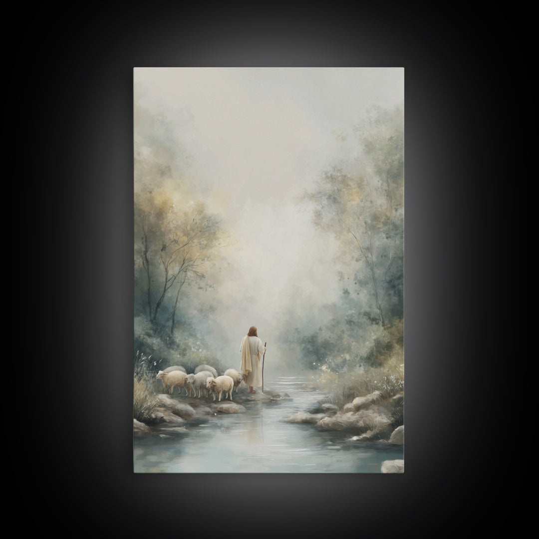 River Path Shepherd – Framed Canvas Print – Christian Art Canvas – Jesus Painting – Modern Christian Art – Christian Gift Ideas – Christian