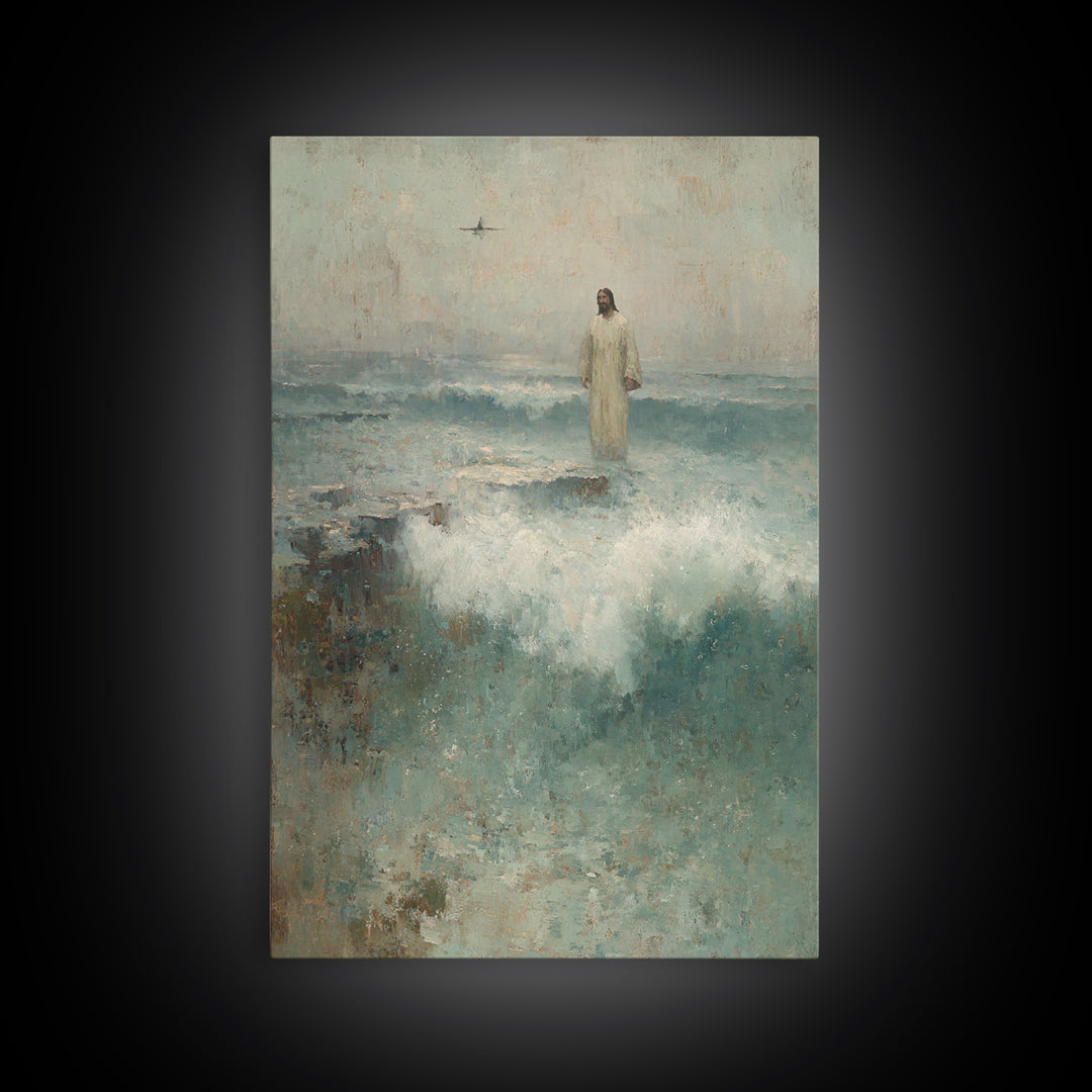 Sea of His Calm, Framed Canvas Print, Jesus Painting, Christian Wall Art, Christian Art Canvas, Vintage Christian Art