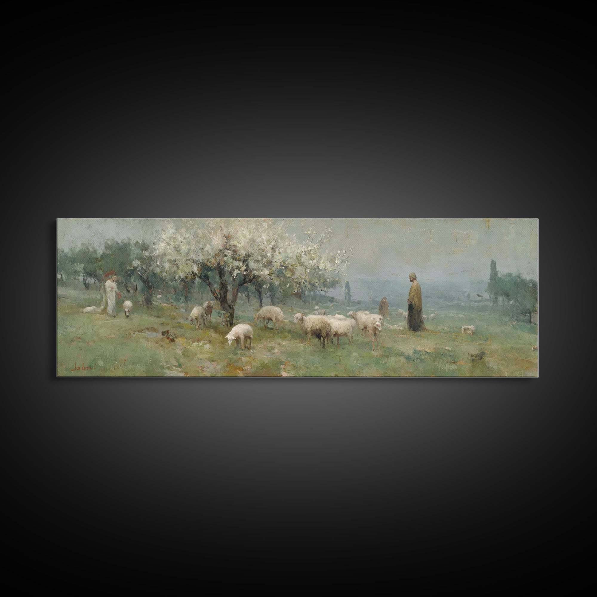 Shepherd Spring Peace – Framed Canvas Print – Christian Wall Art – Jesus Painting – Panoramic Art – Christian Art Canvas – Christmas Art