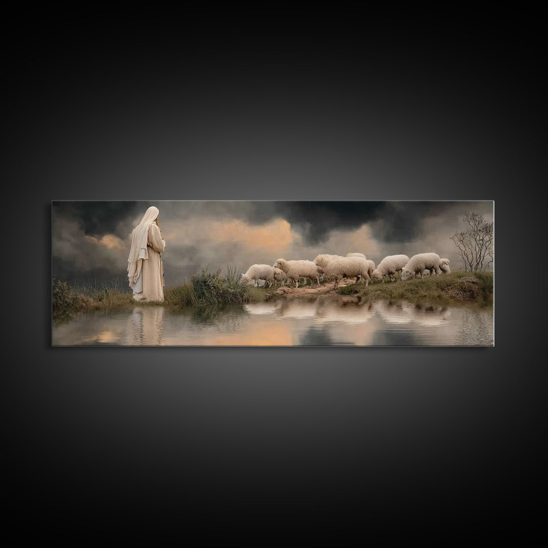 The Shepherd’s Calm – Framed Canvas Print – Christian Wall Art – Jesus Painting – Panoramic Art – Christian Christmas Art