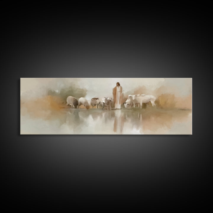 Gentle Pasture Light | Framed Canvas Print | Christian Wall Art | Panoramic Frame | Jesus Canvas Art | Christmas Art