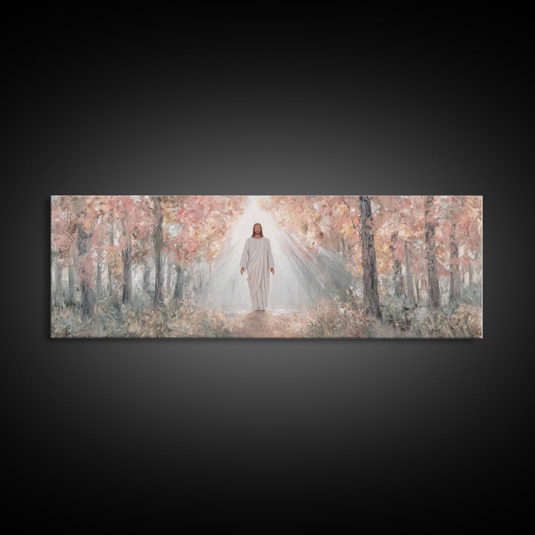 Radiant Savior Path, Framed Canvas Print, Christian Wall Art, Jesus Painting, Panoramic Art, Christmas Wall Art