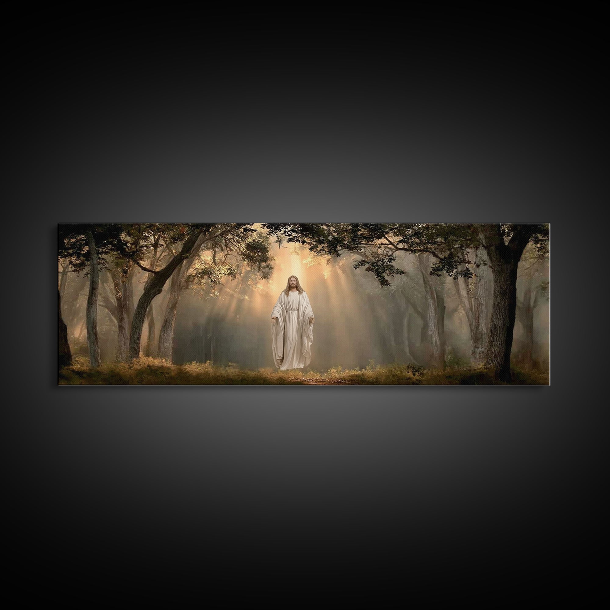 Glory In The Oaks – Framed Canvas Print – Jesus Canvas Art – Christian Wall Art – Panoramic Art – Christmas Art