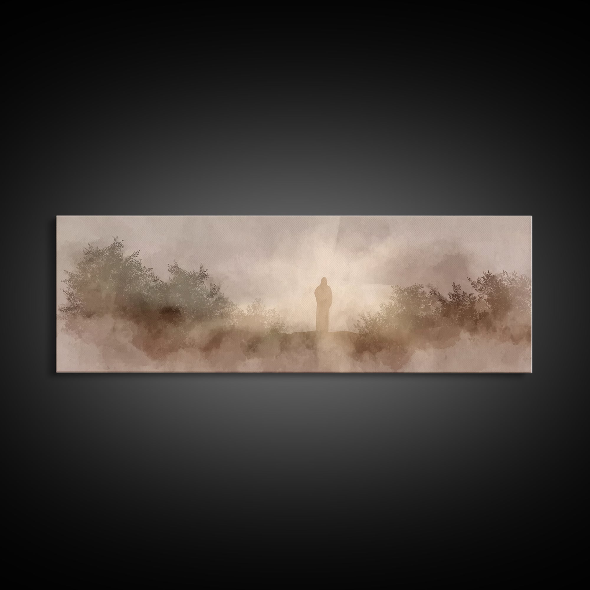 Hillside Redeemer, Framed Canvas Print, Christian Art, Jesus Wall Art, Panoramic Painting, Christian Christmas Art