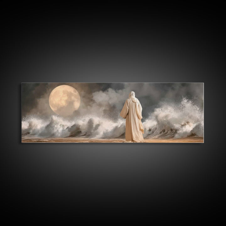 Moonlit Sea Grace | Framed Canvas Print | Panoramic Painting | Christian Wall Art | Jesus Canvas Art | Christian Art Print | Christian Deco