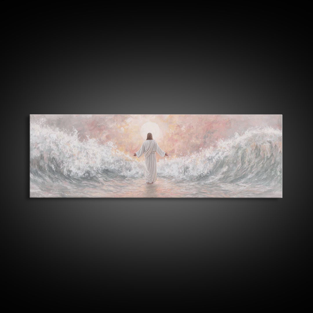 Morning Tide Mercy | Framed Canvas Print | Christian Art | Jesus Painting | Panoramic Frame | Christian Wall Art | Modern Christian Art