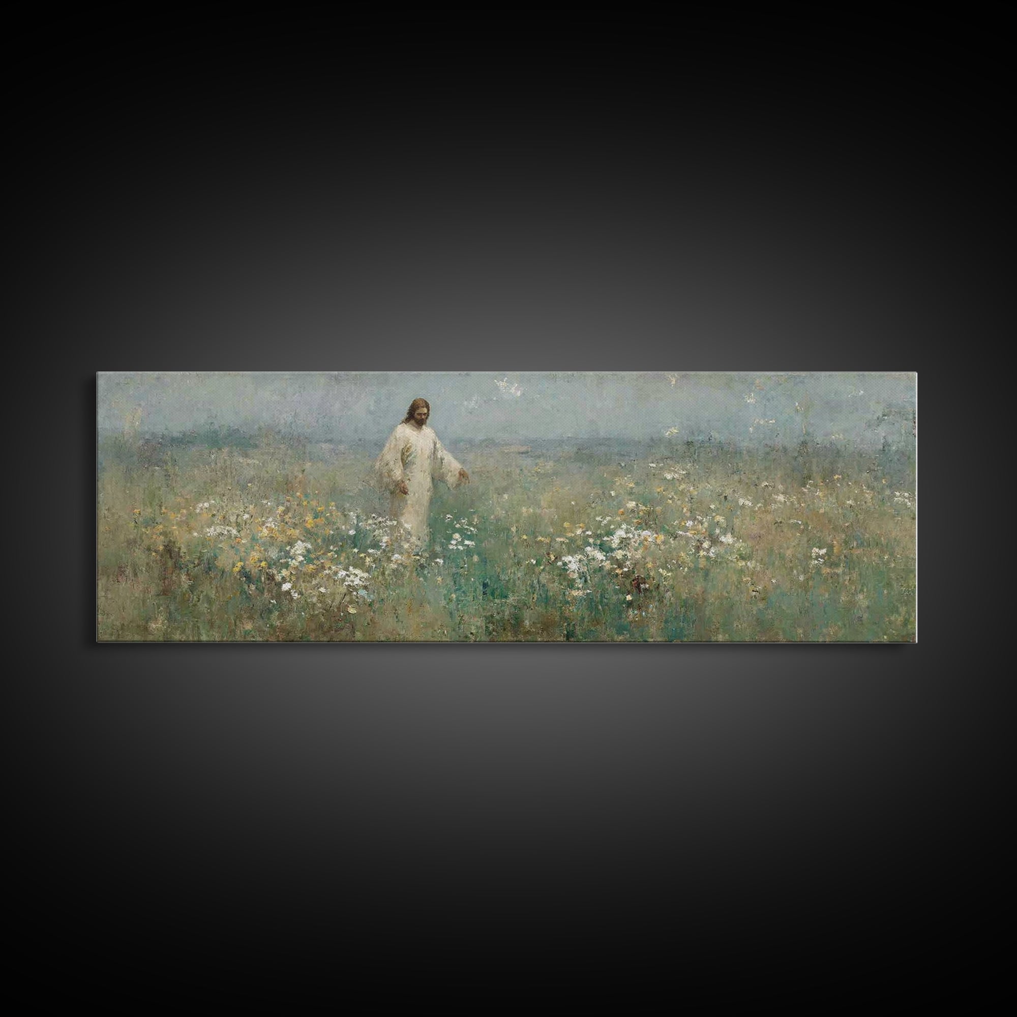 Quiet Bloom Path | Framed Canvas Print | Panoramic Painting | Christian Art | Christian Art Canvas | Jesus Painting | Christian Wall Art |