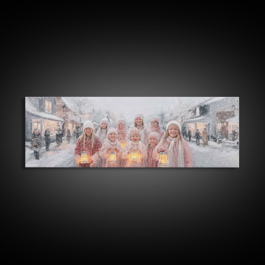 Joyful Lantern Parade, Framed Canvas Print, Panoramic Art, Christmas Wall Art, Christian Christmas Art, Christian Gift Ideas, Christian Art