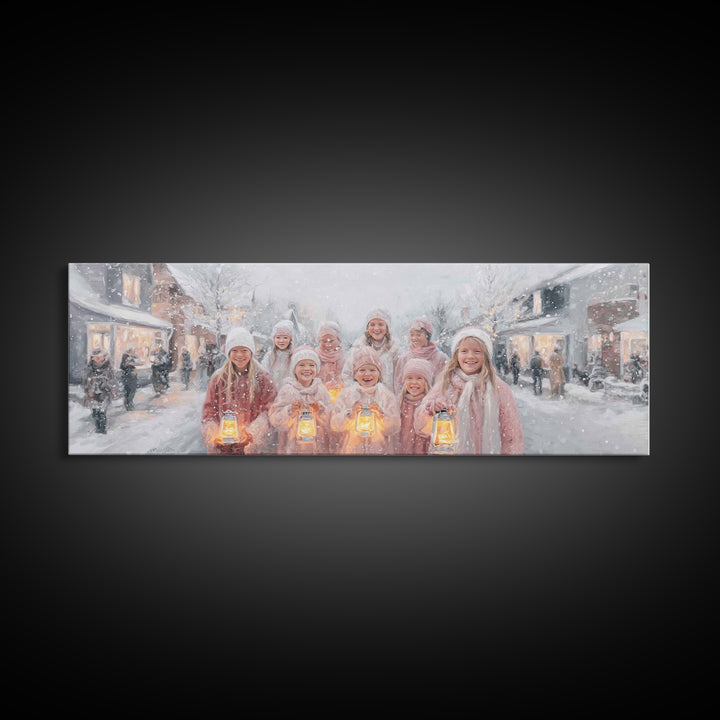 Joyful Lantern Parade, Framed Canvas Print, Panoramic Art, Christmas Wall Art, Christian Christmas Art, Christian Gift Ideas, Christian Art
