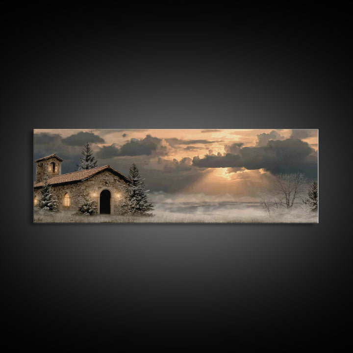 Chapel At Dawn | Framed Canvas Print | Panoramic Wall Art | Christian Art Canvas | Christian Wall Art | Christian Decor | Christmas Art