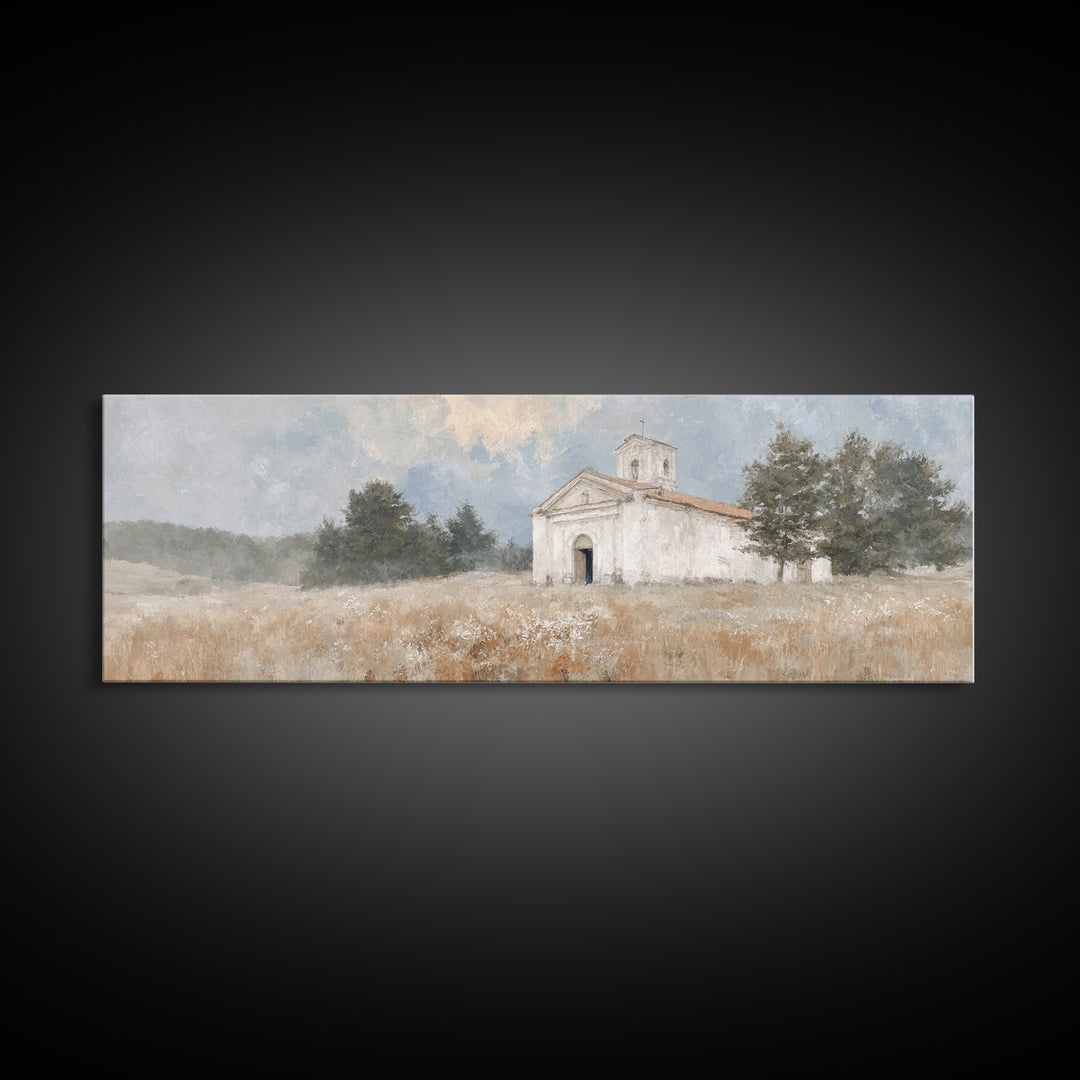 Hillside Parish Light – Framed Canvas Print – Panoramic Painting – Christian Art Canvas – Christian Wall Art – Christian Decor – Christmas