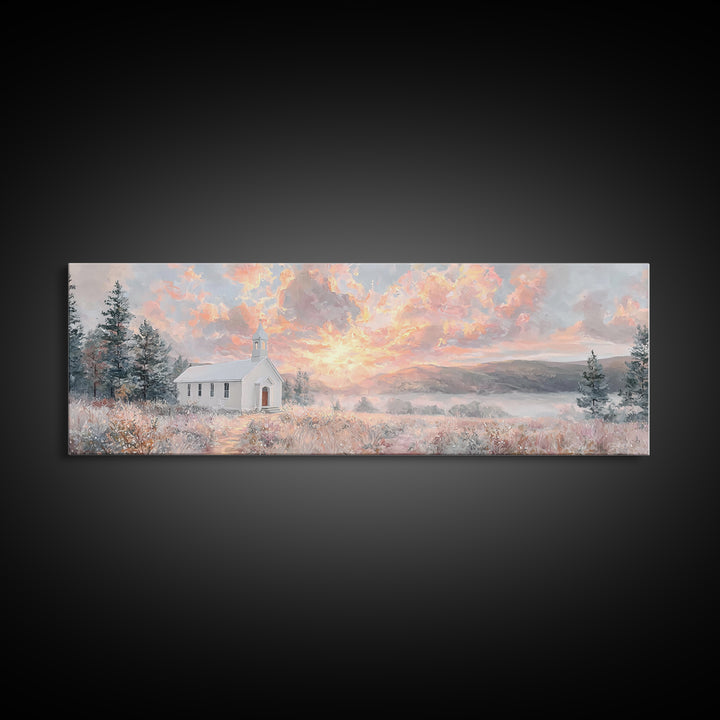 Morning Glory Chapel, Framed Canvas Print, Extra Wide Art, Christian Wall Art, Christian Christmas Art, Christian Art Canvas, Christmas Art