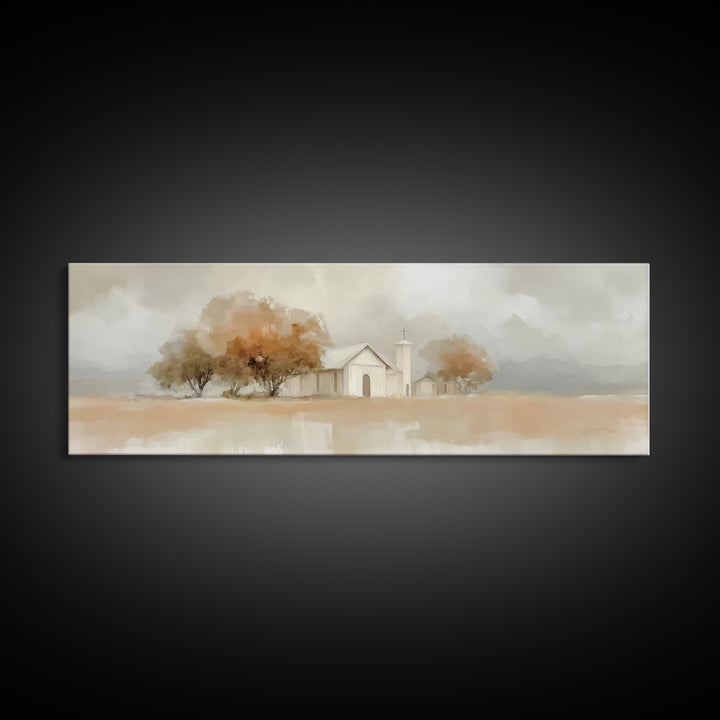 Autumn Church Peace | Framed Canvas Print | Panoramic Art | Christian Wall Art | Christian Art Canvas | Christian Decor | Christmas Art