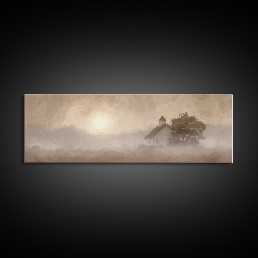 Rustic Chapel Mist – Framed Canvas Print – Panoramic Frame – Christian Art Canvas – Christian Wall Art – Christian Christmas Art – Christia