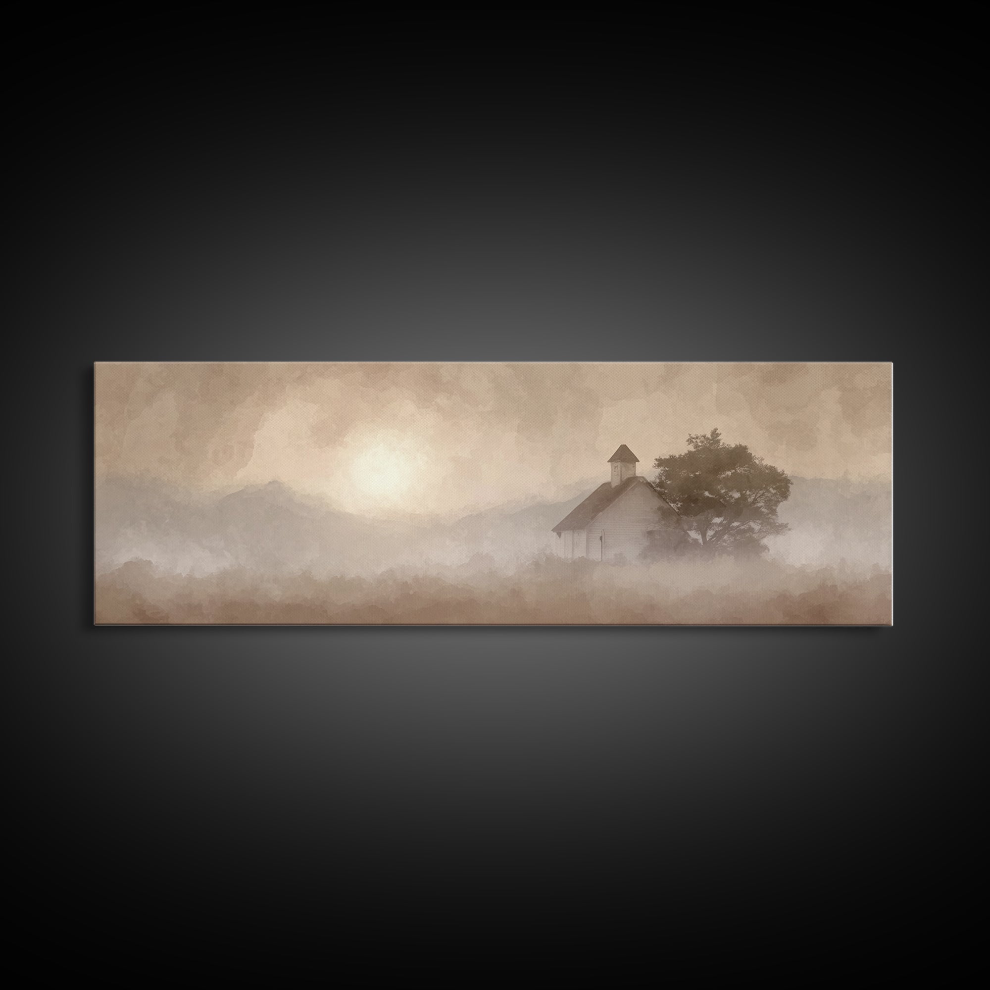 Rustic Chapel Mist – Framed Canvas Print – Panoramic Frame – Christian Art Canvas – Christian Wall Art – Christian Christmas Art – Christia