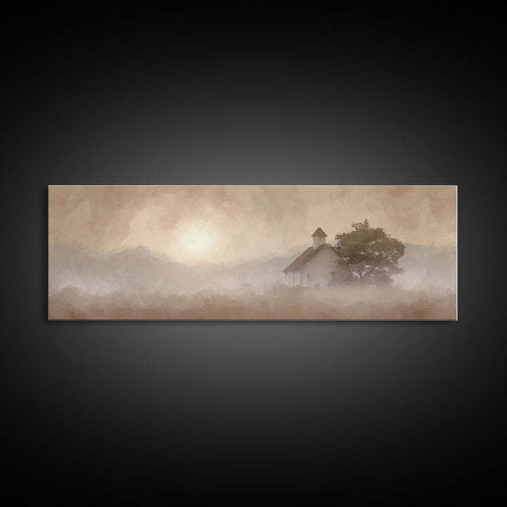 Rustic Chapel Mist – Framed Canvas Print – Panoramic Frame – Christian Art Canvas – Christian Wall Art – Christian Christmas Art – Christia