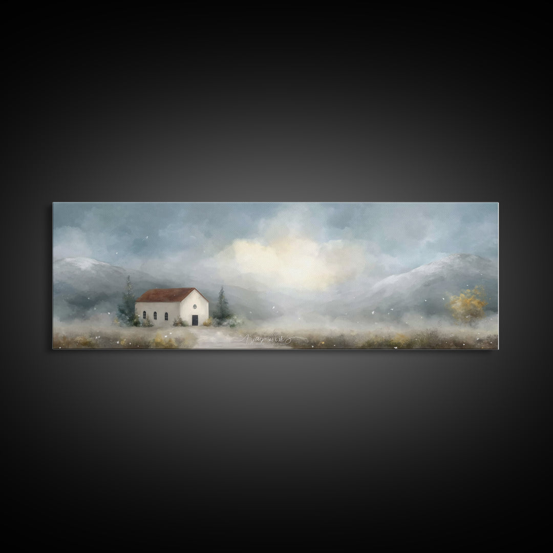 Valley Church Calm, Framed Canvas Print, Panoramic Painting, Christian Art Canvas, Christian Decor, Christian Christmas Art, Christian Wall