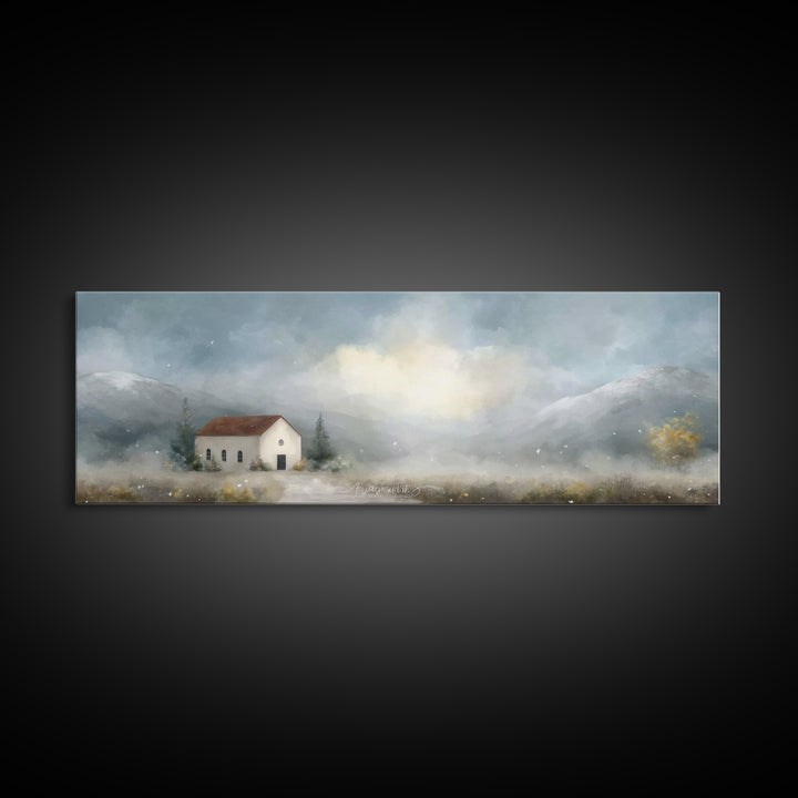Valley Church Calm, Framed Canvas Print, Panoramic Painting, Christian Art Canvas, Christian Decor, Christian Christmas Art, Christian Wall