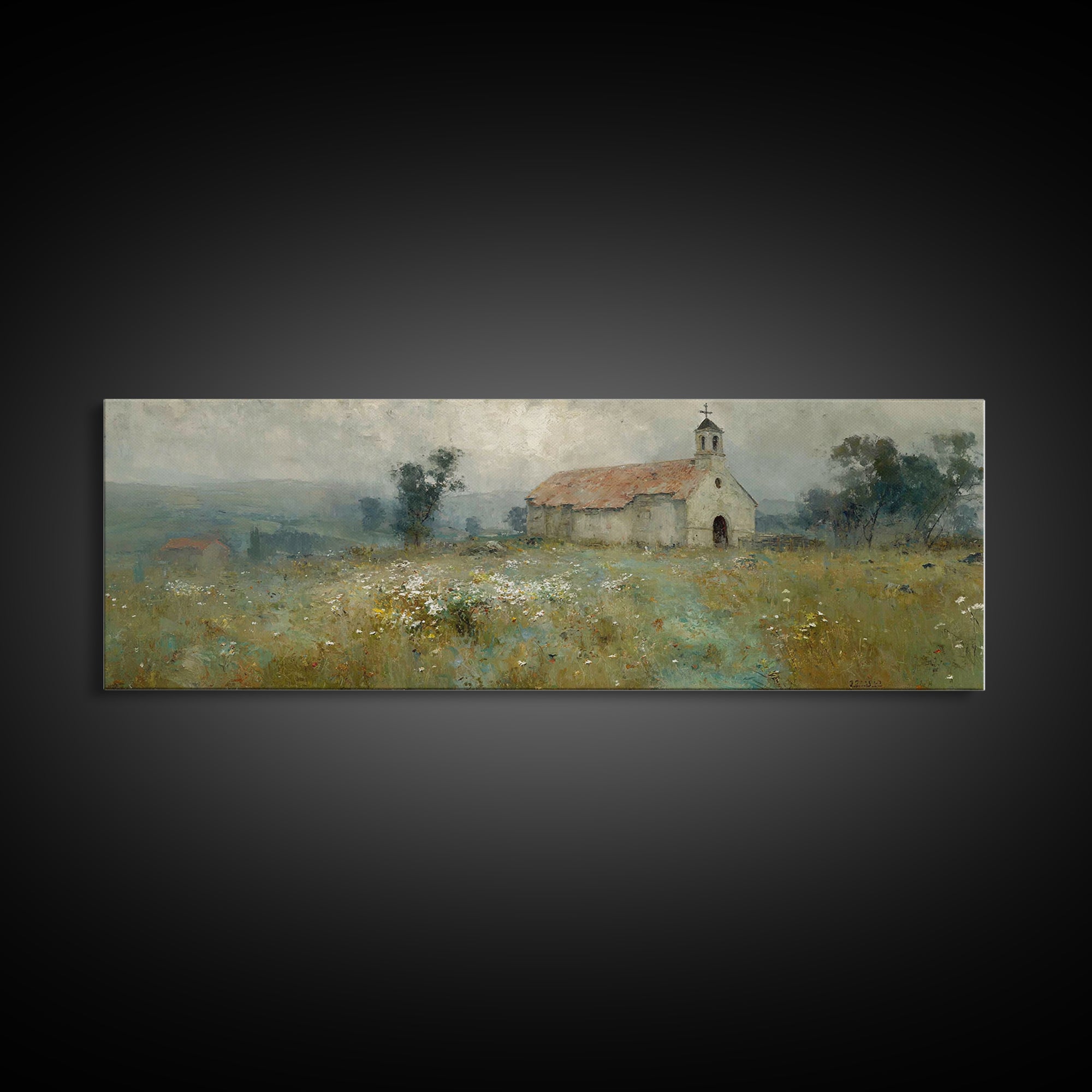 Fieldside Chapel Grace | Framed Canvas Print | Panoramic Wall Art | Christian Art Canvas | Christian Decor | Christian Art | Christmas Art