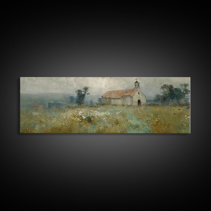 Fieldside Chapel Grace | Framed Canvas Print | Panoramic Wall Art | Christian Art Canvas | Christian Decor | Christian Art | Christmas Art