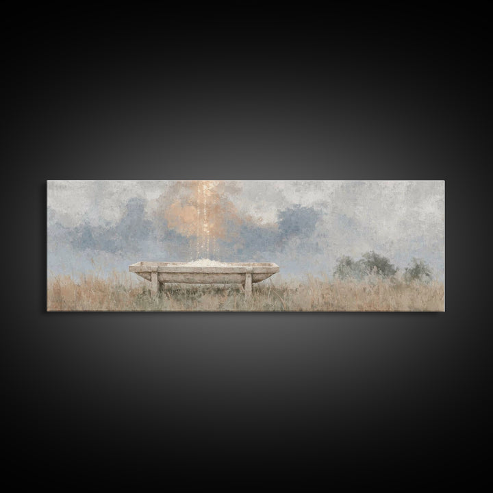 Starborn Manger | Framed Canvas Print | Christmas Wall Art | Christian Christmas Art | Panoramic Frame | Christian Art Canvas | Christmas A