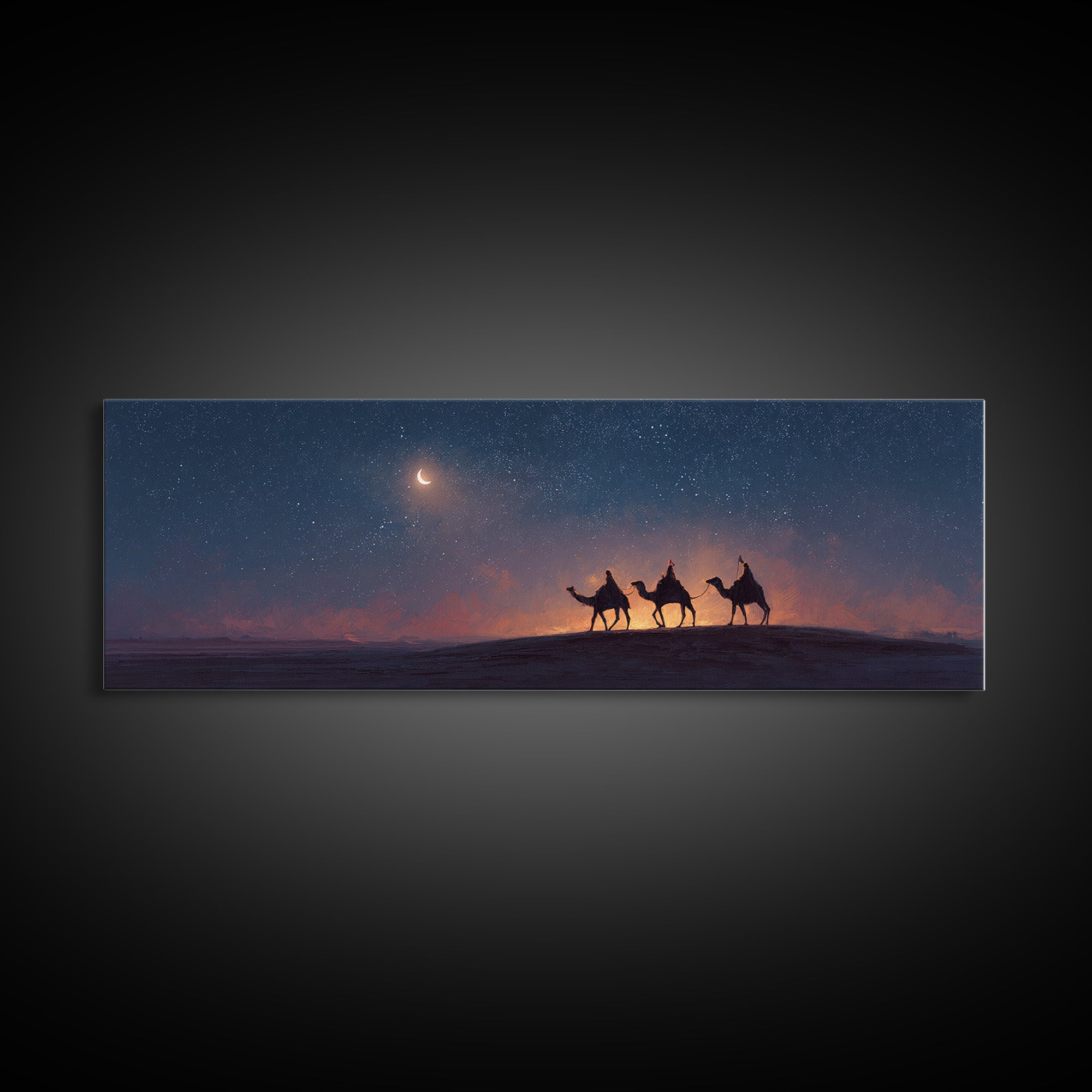 Moonlit Pilgrims – Framed Canvas Print – Extra Wide Art – Christian Wall Art – Christian Art Canvas – Christmas Art – Modern Christian Art