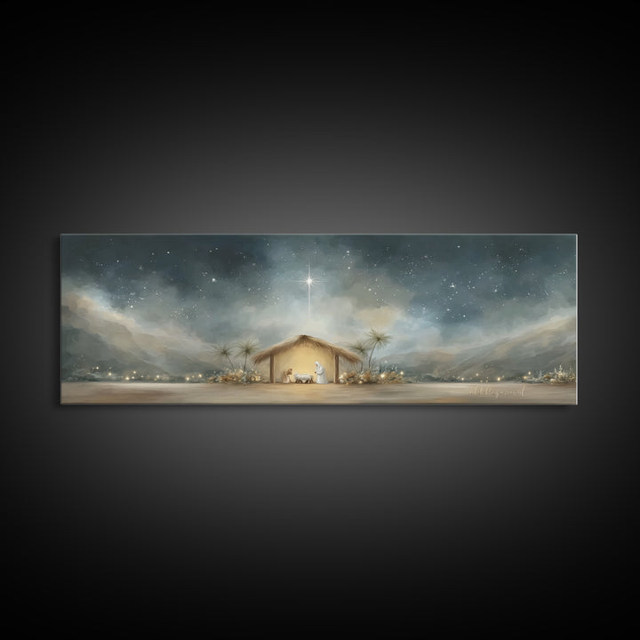Holy Night Shelter, Framed Canvas Print, Panoramic Wall Art, Christian Art, Christmas Art Prints, Christian Christmas Decor, Jesus Painting