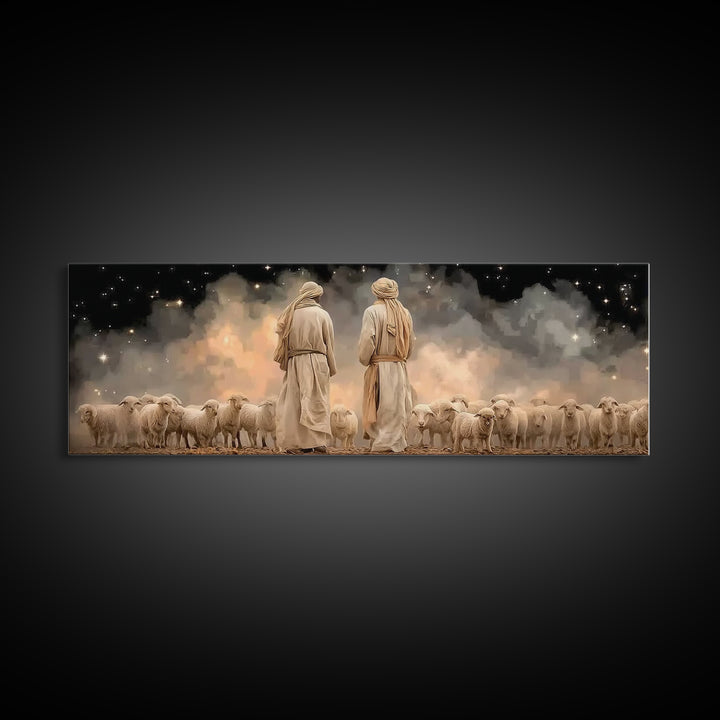 Starry Shepherd Watch – Framed Canvas Print – Panoramic Art – Christian Wall Art – Christian Art Canvas – Christmas Art – Jesus Painting
