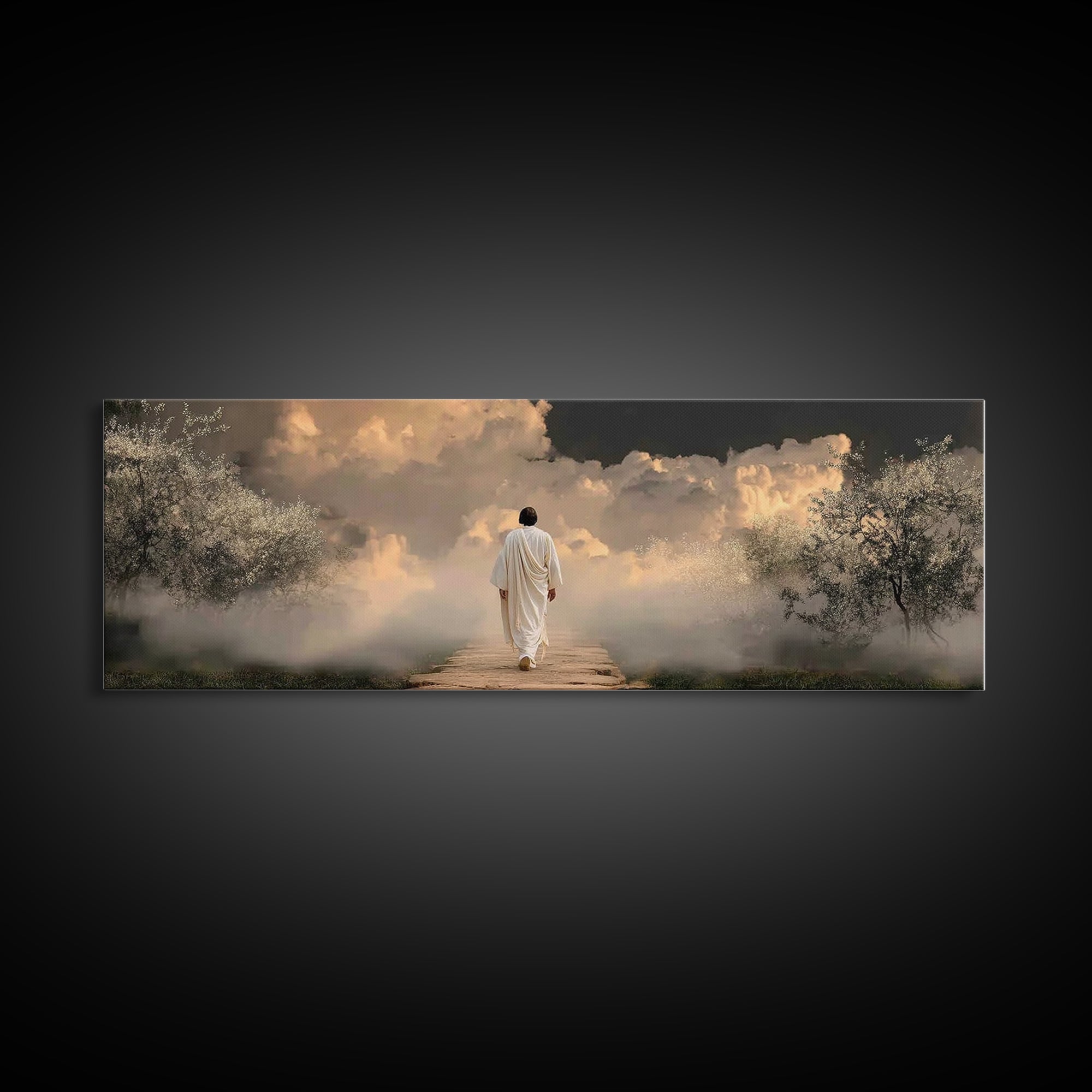 Heavenly Dawn Walk, Framed Canvas Print, Christian Wall Art, Christian Art Canvas, Panoramic Wall Art, Jesus Painting, Christmas Art