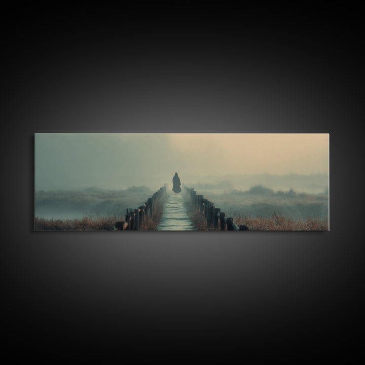 Misty Bridge Journey | Framed Canvas Print | Christian Wall Art | Jesus Painting | Panoramic Art | Christian Art Canvas | Christmas Art