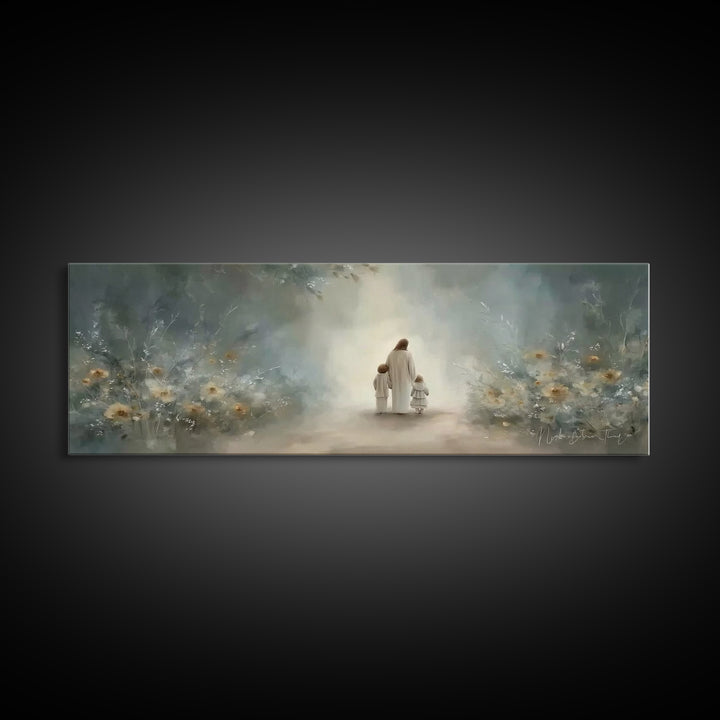 Golden Meadow Grace, Framed Canvas Print, Panoramic Wall Art, Christian Art Canvas, Jesus Painting, Christian Christmas Art, Christian Art