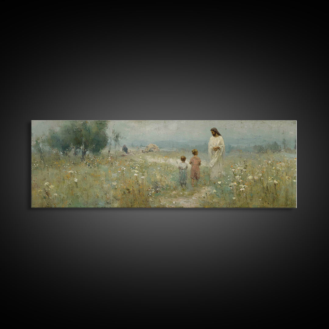 Promise In The Meadow – Framed Canvas Print – Panoramic Art – Christian Wall Art – Christian Art Canvas – Jesus Painting – Christian Art