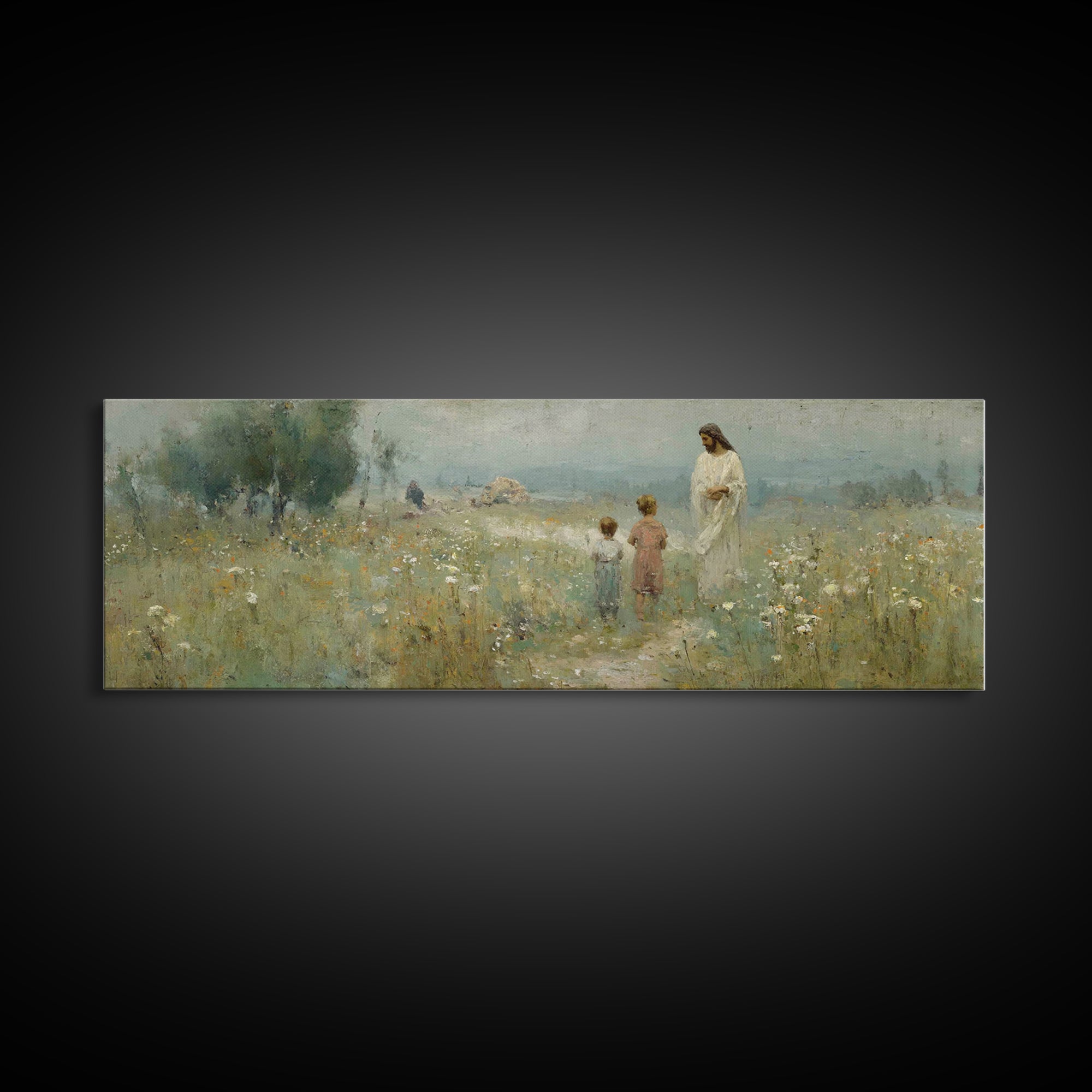 Promise In The Meadow – Framed Canvas Print – Panoramic Art – Christian Wall Art – Christian Art Canvas – Jesus Painting – Christian Art