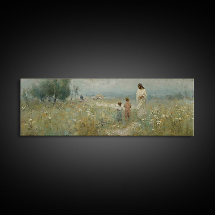 Promise In The Meadow – Framed Canvas Print – Panoramic Art – Christian Wall Art – Christian Art Canvas – Jesus Painting – Christian Art