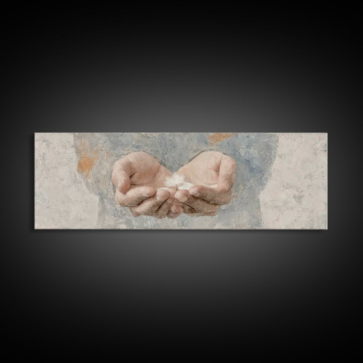 Hands Of Mercy | Framed Canvas Print | Panoramic Painting | Christian Art | Christian Art Canvas | Christian Gift Ideas | Minimalist Christ